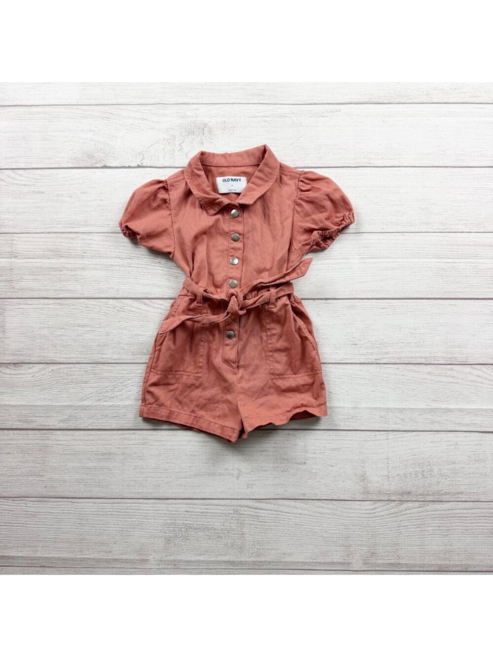 Old Navy Girls Puff Sleeve Button Front Romper Belted Terracotta Pink 4T